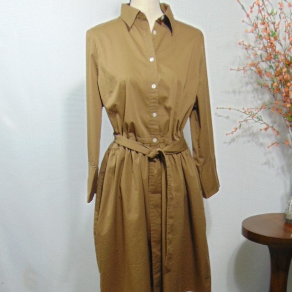 Lands' End Dresses & Skirts - Lands End BrownTan Belted Shirt Dress Midi Sz 16